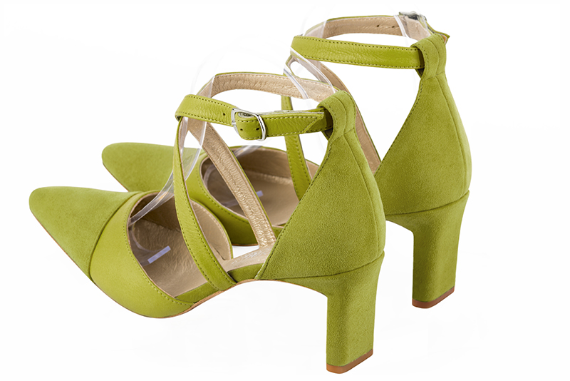 Pistachio green women's open side shoes, with crossed straps. Tapered toe. Medium comma heels. Rear view - Florence KOOIJMAN